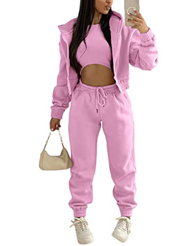 Onsoyours 3 Stücke Damen Sportanzüge Jogginganzug Sport Sets Yoga Outfit Freizeitanzug Sportswear Langarm Kapuzenjacke + Crop Top + Jogginghose mit Taschen Rosa M von Onsoyours