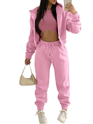Onsoyours 3 Stücke Damen Sportanzüge Jogginganzug Sport Sets Yoga Outfit Freizeitanzug Sportswear Langarm Kapuzenjacke + Crop Top + Jogginghose mit Taschen Rosa S von Onsoyours