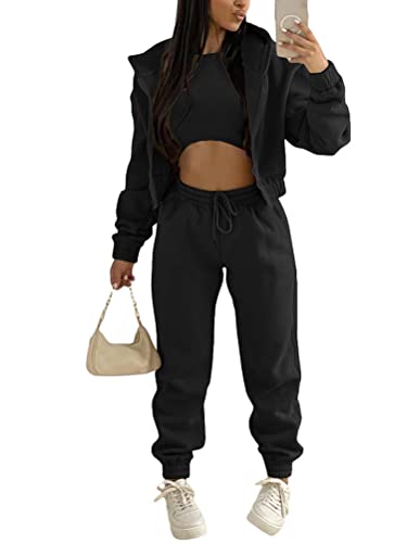 Onsoyours 3 Stücke Damen Sportanzüge Jogginganzug Sport Sets Yoga Outfit Freizeitanzug Sportswear Langarm Kapuzenjacke + Crop Top + Jogginghose mit Taschen Schwarz M von Onsoyours