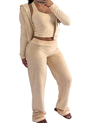 Onsoyours 3 Stücke Damen Sportanzüge Jogginganzug Sport Sets Yoga Outfit Freizeitanzug Sportswear Langarm Kapuzenjacke + Crop Top + Jogginghose mit Taschen Z1 Khaki S von Onsoyours