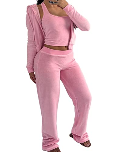 Onsoyours 3 Stücke Damen Sportanzüge Jogginganzug Sport Sets Yoga Outfit Freizeitanzug Sportswear Langarm Kapuzenjacke + Crop Top + Jogginghose mit Taschen Z1 Rosa M von Onsoyours