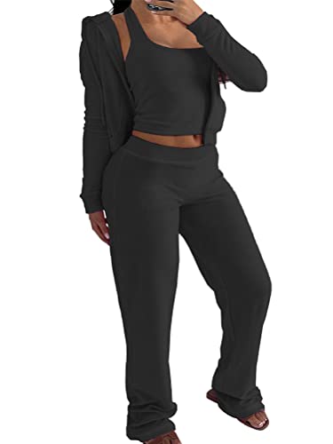 Onsoyours 3 Stücke Damen Sportanzüge Jogginganzug Sport Sets Yoga Outfit Freizeitanzug Sportswear Langarm Kapuzenjacke + Crop Top + Jogginghose mit Taschen Z1 Schwarz L von Onsoyours