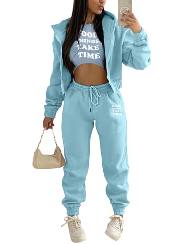 Onsoyours 3 Stücke Damen Sportanzüge Jogginganzug Sport Sets Yoga Outfit Freizeitanzug Sportswear Langarm Kapuzenjacke + Crop Top + Jogginghose mit Taschen Z2 Blau XS von Onsoyours