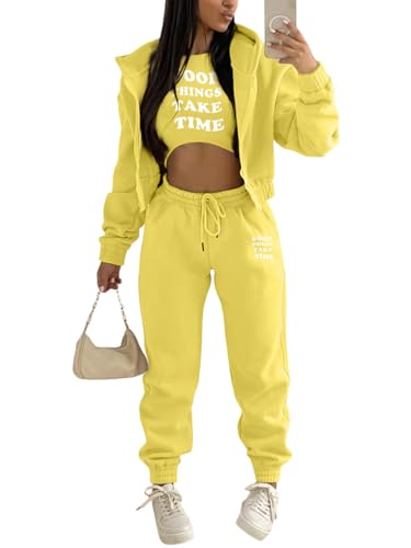 Onsoyours 3 Stücke Damen Sportanzüge Jogginganzug Sport Sets Yoga Outfit Freizeitanzug Sportswear Langarm Kapuzenjacke + Crop Top + Jogginghose mit Taschen Z2 Gelb L von Onsoyours