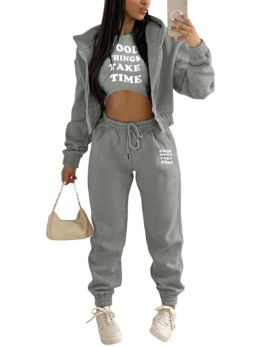 Onsoyours 3 Stücke Damen Sportanzüge Jogginganzug Sport Sets Yoga Outfit Freizeitanzug Sportswear Langarm Kapuzenjacke + Crop Top + Jogginghose mit Taschen Z2 Grau S von Onsoyours