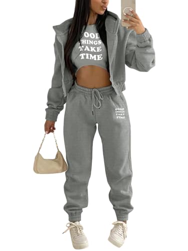 Onsoyours 3 Stücke Damen Sportanzüge Jogginganzug Sport Sets Yoga Outfit Freizeitanzug Sportswear Langarm Kapuzenjacke + Crop Top + Jogginghose mit Taschen Z2 Grau XS von Onsoyours