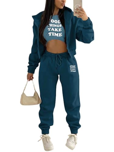 Onsoyours 3 Stücke Damen Sportanzüge Jogginganzug Sport Sets Yoga Outfit Freizeitanzug Sportswear Langarm Kapuzenjacke + Crop Top + Jogginghose mit Taschen Z2 Marine L von Onsoyours