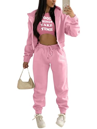 Onsoyours 3 Stücke Damen Sportanzüge Jogginganzug Sport Sets Yoga Outfit Freizeitanzug Sportswear Langarm Kapuzenjacke + Crop Top + Jogginghose mit Taschen Z2 Rosa L von Onsoyours