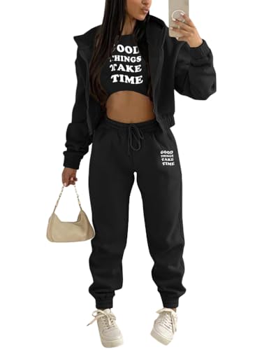 Onsoyours 3 Stücke Damen Sportanzüge Jogginganzug Sport Sets Yoga Outfit Freizeitanzug Sportswear Langarm Kapuzenjacke + Crop Top + Jogginghose mit Taschen Z2 Schwarz M von Onsoyours