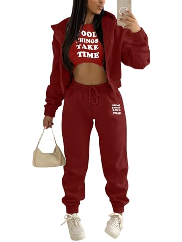 Onsoyours 3 Stücke Damen Sportanzüge Jogginganzug Sport Sets Yoga Outfit Freizeitanzug Sportswear Langarm Kapuzenjacke + Crop Top + Jogginghose mit Taschen Z2 Weinrot XS von Onsoyours