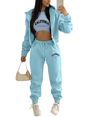 Onsoyours 3 Stücke Damen Sportanzüge Jogginganzug Sport Sets Yoga Outfit Freizeitanzug Sportswear Langarm Kapuzenjacke + Crop Top + Jogginghose mit Taschen Z3 Blau L von Onsoyours