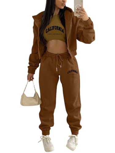 Onsoyours 3 Stücke Damen Sportanzüge Jogginganzug Sport Sets Yoga Outfit Freizeitanzug Sportswear Langarm Kapuzenjacke + Crop Top + Jogginghose mit Taschen Z3 Braun M von Onsoyours