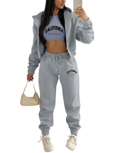 Onsoyours 3 Stücke Damen Sportanzüge Jogginganzug Sport Sets Yoga Outfit Freizeitanzug Sportswear Langarm Kapuzenjacke + Crop Top + Jogginghose mit Taschen Z3 Grau XS von Onsoyours