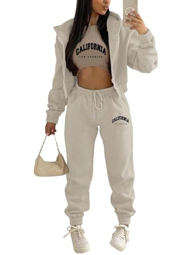 Onsoyours 3 Stücke Damen Sportanzüge Jogginganzug Sport Sets Yoga Outfit Freizeitanzug Sportswear Langarm Kapuzenjacke + Crop Top + Jogginghose mit Taschen Z3 Khaki L von Onsoyours