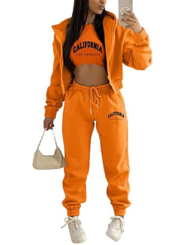 Onsoyours 3 Stücke Damen Sportanzüge Jogginganzug Sport Sets Yoga Outfit Freizeitanzug Sportswear Langarm Kapuzenjacke + Crop Top + Jogginghose mit Taschen Z3 Orange XS von Onsoyours