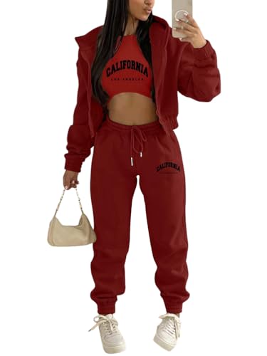 Onsoyours 3 Stücke Damen Sportanzüge Jogginganzug Sport Sets Yoga Outfit Freizeitanzug Sportswear Langarm Kapuzenjacke + Crop Top + Jogginghose mit Taschen Z3 Weinrot XS von Onsoyours