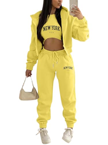 Onsoyours 3 Stücke Damen Sportanzüge Jogginganzug Sport Sets Yoga Outfit Freizeitanzug Sportswear Langarm Kapuzenjacke + Crop Top + Jogginghose mit Taschen Z4 Gelb M von Onsoyours