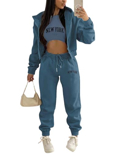 Onsoyours 3 Stücke Damen Sportanzüge Jogginganzug Sport Sets Yoga Outfit Freizeitanzug Sportswear Langarm Kapuzenjacke + Crop Top + Jogginghose mit Taschen Z4 Marine S von Onsoyours