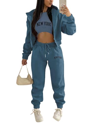 Onsoyours 3 Stücke Damen Sportanzüge Jogginganzug Sport Sets Yoga Outfit Freizeitanzug Sportswear Langarm Kapuzenjacke + Crop Top + Jogginghose mit Taschen Z4 Marine XS von Onsoyours