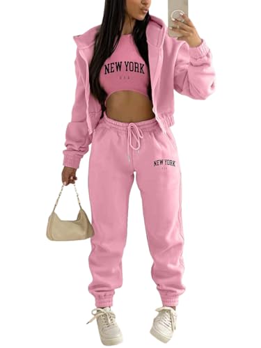 Onsoyours 3 Stücke Damen Sportanzüge Jogginganzug Sport Sets Yoga Outfit Freizeitanzug Sportswear Langarm Kapuzenjacke + Crop Top + Jogginghose mit Taschen Z4 Rosa M von Onsoyours