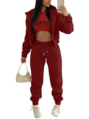 Onsoyours 3 Stücke Damen Sportanzüge Jogginganzug Sport Sets Yoga Outfit Freizeitanzug Sportswear Langarm Kapuzenjacke + Crop Top + Jogginghose mit Taschen Z4 Weinrot XS von Onsoyours