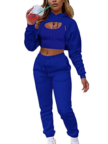 Onsoyours 3 Teilig Set Damen Hoodie + Weste + Sporthose Jogginganzug Kapuzen Sportswear Trainingsanzug Dreiteiliger Freizeitanzug Sportanzug Zweiteiler Outfit A Blau M von Onsoyours