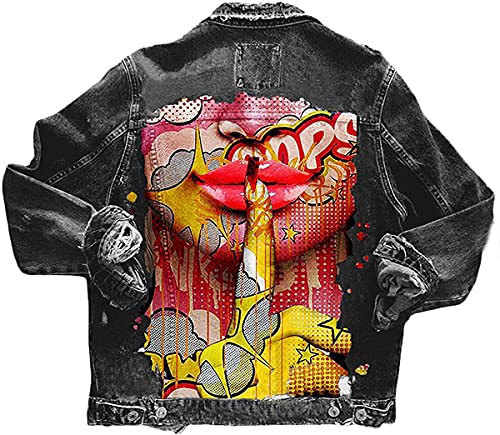 Onsoyours A Schwarz Taschen Einreiher Zerrissene Graffiti Langarm Boyfriend Oversize Jeansjacke Damen Mode Denim Jacket L von Onsoyours