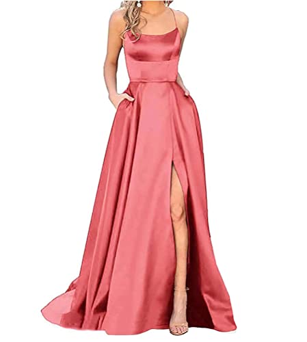 Onsoyours Abendkleid Damen Drapiert Spaghettiträger Rückenfreies V-Ausschnitt Schlitz Elegante Maxikleid Abendkleid Fliederfarben Ballkleid Abendkleid B Koralle M von Onsoyours