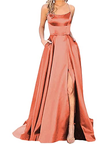 Onsoyours Abendkleid Damen Drapiert Spaghettiträger Rückenfreies V-Ausschnitt Schlitz Elegante Maxikleid Abendkleid Fliederfarben Ballkleid Abendkleid B Orange XL von Onsoyours