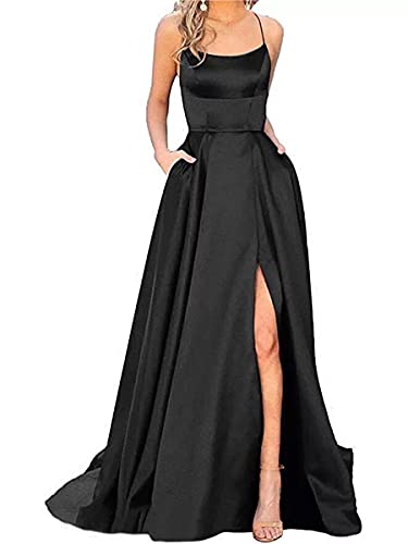 Onsoyours Abendkleid Damen Drapiert Spaghettiträger Rückenfreies V-Ausschnitt Schlitz Elegante Maxikleid Abendkleid Fliederfarben Ballkleid Abendkleid B Schwarz XL von Onsoyours