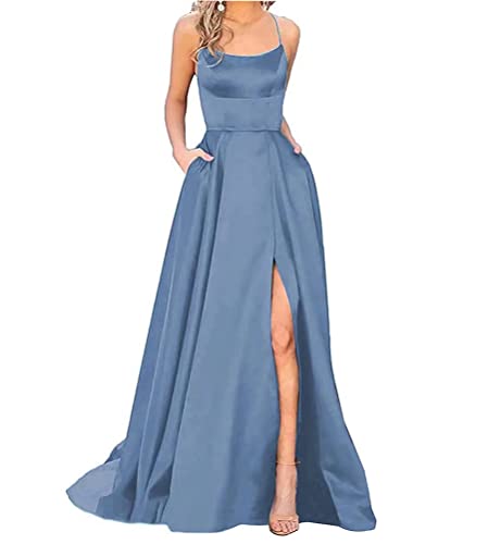 Onsoyours Abendkleid Damen Drapiert Spaghettiträger Rückenfreies V-Ausschnitt Schlitz Elegante Maxikleid Abendkleid Fliederfarben Ballkleid Abendkleid B Stahlblau 3XL von Onsoyours