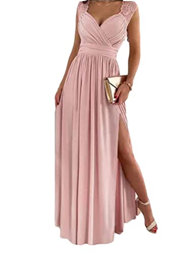 Onsoyours Abendkleid Damen Einfarbig V-Ausschnitt Ärmellos Elegant Hohe Taille Cocktailkleid Maxi Langes Kleid mit Schlitz Partykleid Maxikleid B Rosa XL von Onsoyours