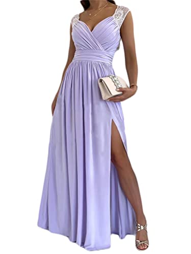 Onsoyours Abendkleid Damen Einfarbig V-Ausschnitt Ärmellos Elegant Hohe Taille Cocktailkleid Maxi Langes Kleid mit Schlitz Partykleid Maxikleid B Violett S von Onsoyours