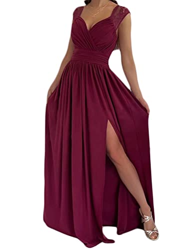 Onsoyours Abendkleid Damen Einfarbig V-Ausschnitt Ärmellos Elegant Hohe Taille Cocktailkleid Maxi Langes Kleid mit Schlitz Partykleid Maxikleid B Weinrot XXL von Onsoyours