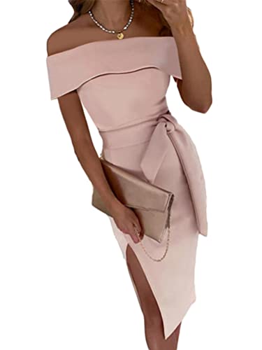 Onsoyours Abendkleid Damen Einfarbig V-Ausschnitt Ärmellos Elegant Hohe Taille Cocktailkleid Maxi Langes Kleid mit Schlitz Partykleid Maxikleid C Rosa S von Onsoyours