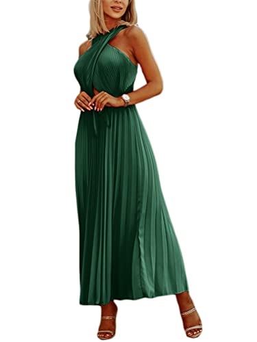 Onsoyours Abendkleid Damen Einfarbig V-Ausschnitt Ärmellos Elegant Hohe Taille Cocktailkleid Maxi Langes Kleid mit Schlitz Partykleid Maxikleid E Grün S von Onsoyours