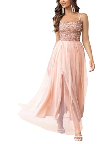 Onsoyours Abendkleid Damen Lang Elegant Paillettenkleid Glitzer Tüll Spaghetti Cocktailkleid Seitenschlitz Brautkleid Partykleid Brautkleid Maxi Kleid A Gold XS von Onsoyours