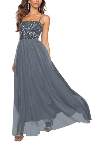 Onsoyours Abendkleid Damen Lang Elegant Paillettenkleid Glitzer Tüll Spaghetti Cocktailkleid Seitenschlitz Brautkleid Partykleid Brautkleid Maxi Kleid A Grau L von Onsoyours