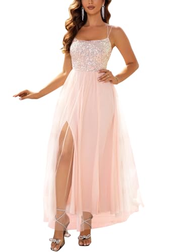 Onsoyours Abendkleid Damen Lang Elegant Paillettenkleid Glitzer Tüll Spaghetti Cocktailkleid Seitenschlitz Brautkleid Partykleid Brautkleid Maxi Kleid A Rosa XS von Onsoyours
