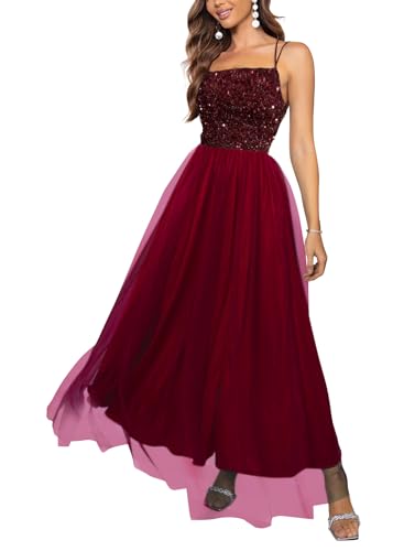 Onsoyours Abendkleid Damen Lang Elegant Paillettenkleid Glitzer Tüll Spaghetti Cocktailkleid Seitenschlitz Brautkleid Partykleid Brautkleid Maxi Kleid A Weinrot XL von Onsoyours