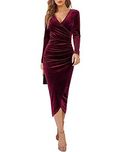 Onsoyours Abendkleid Damen Langarm Winterkleid Weihnachtskleid Samtkleid Cocktailkleid Elegant V Ausschnitt Wickelkleid Partykleid Festlich Lang Kleid A Weinrot XS von Onsoyours