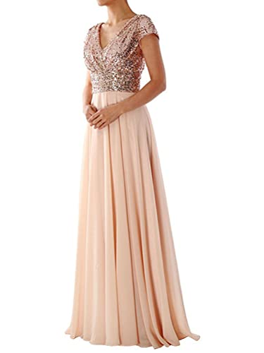 Onsoyours Abendkleid Lang V-Ausschnitt Partykleid Sommerkleid Chiffon Swing Ballkleider Loose Elegant Abendkleid Sexy Midikleid Damen Brautjungfer Abendkleid N Beige 38 von Onsoyours
