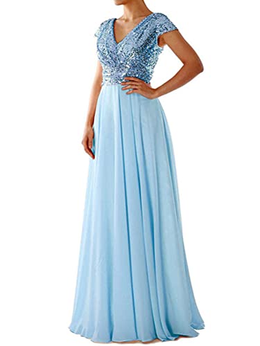 Onsoyours Abendkleid Lang V-Ausschnitt Partykleid Sommerkleid Chiffon Swing Ballkleider Loose Elegant Abendkleid Sexy Midikleid Damen Brautjungfer Abendkleid N Hellblau 46 von Onsoyours