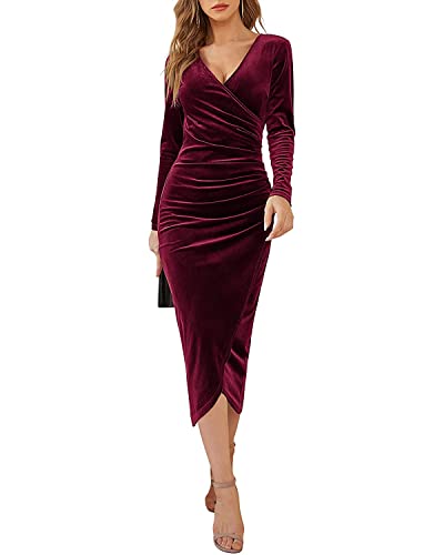 Onsoyours Abendkleid Langarm Winterkleid Damen Weihnachtskleid Samtkleid Silvester Kleid Wickelkleid für Hochzeitsgäste Midi Herbst Winter A Weinrot XL von Onsoyours