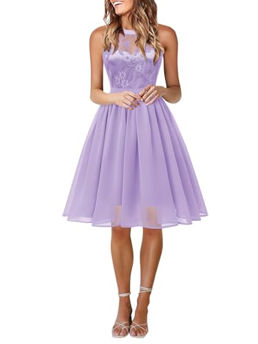 Onsoyours Abendkleider Damen Cocktailkleid Ärmellos Chiffon Ballkleid Elegant Spitzen Brautjungfernkleider Hochzeit Kleid Partykleid A Lila M von Onsoyours