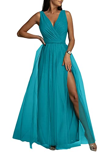 Onsoyours Abendkleider Damen Lang Cocktailkleid Ballkleider V-Ausschnitt Elegant Für Hochzeit Festliche Kleider Ärmellos Pailletten Abschlusskleid Maxikleid Mit Schlitz Swing B Blau XXL von Onsoyours