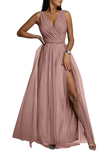 Onsoyours Abendkleider Damen Lang Cocktailkleid Ballkleider V-Ausschnitt Elegant Für Hochzeit Festliche Kleider Ärmellos Pailletten Abschlusskleid Maxikleid Mit Schlitz Swing B Rosa L von Onsoyours