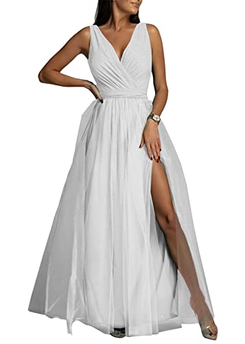 Onsoyours Abendkleider Damen Lang Cocktailkleid Ballkleider V-Ausschnitt Elegant Für Hochzeit Festliche Kleider Ärmellos Pailletten Abschlusskleid Maxikleid Mit Schlitz Swing B Weiß M von Onsoyours