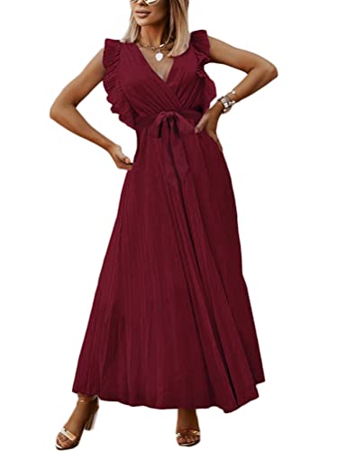 Onsoyours Abendkleider Freizeit Kleider Damen Retro Spitzen Ärmelloses Chiffon Kleid Mode Einfarbig Wickelkleid Brautjungfernkleider Cocktailkleid Partykleid Maxikleid A Rot XS von Onsoyours