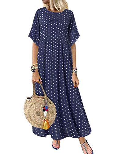 Onsoyours Abendkleider Für Damen Retro Boho Kleid Wellenpunkt Casual Maxi Kleider Elegant Solides Color Sommerkleider Rundhalsausschnitt Lose Shirtkleider Boho Strandkleider Blau 46 von Onsoyours